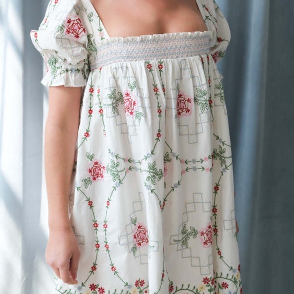 Damson Madder Lulu Mini Dress - White Rose Embroidery